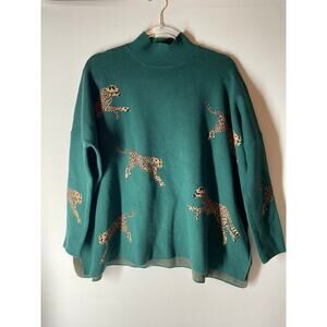 Entro Cheetah Leopard Relaxed Fit Dark Green Split hem Sweater Mock Neck Small